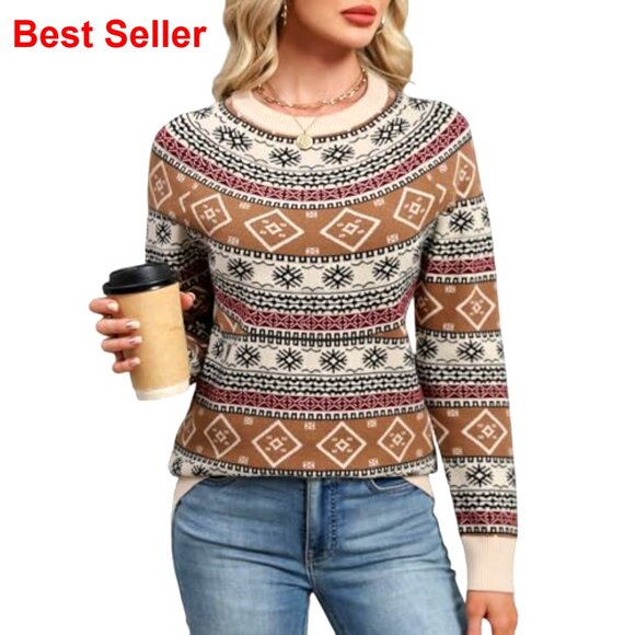 Vintage Fair Isle Sweater Raglan Sleeve Crew Neck Knitted Pullover Lightweight - Picture 2 of 7